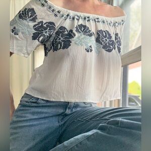 Forever 21 White Smocked Ruffled Cross Stitch Embroidered Blouse